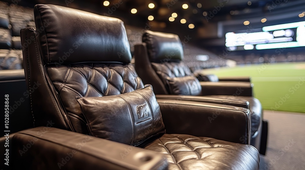 Obraz premium Premium sports venue seating, luxurious close-up of field-level VIP chairs with sleek, modern design, perfect for elite event experience advertising