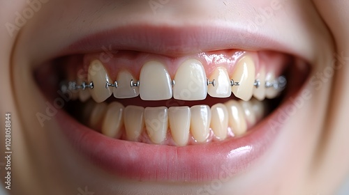 Before-and-after shots of a patient on the first and last days of wearing braces, focusing on the improvement in dental alignment