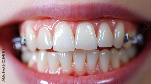 Braces alignment process, time-lapsed from initial misalignment, gradual tightening, and straightening until braces removal