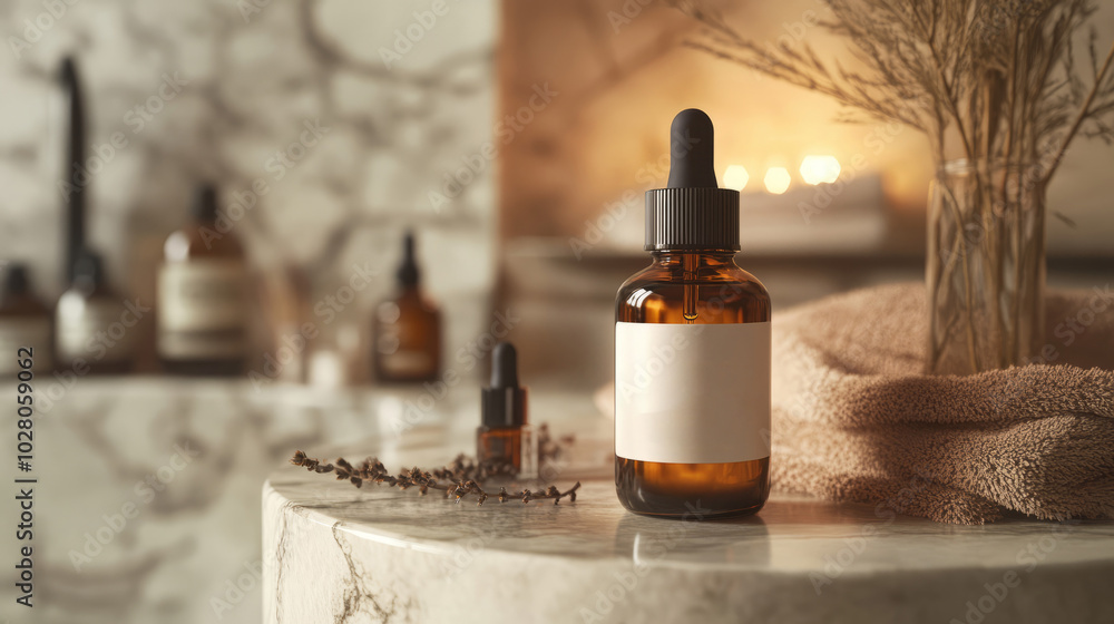 Brown Glass Dropper Bottle On Marble Surface Brown Glass Dropper Bottle On Marble Surface