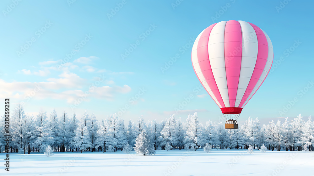 Obraz premium A vibrant hot air balloon with pink stripes floats gracefully over a stunning winter landscape, with snow-covered trees under a clear blue sky, creating a serene and picturesque sc