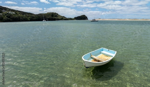 Dingy boat moored in the beach harbour of Mangawhai Harbour, Mangawhai, Northland, New Zealand. photo