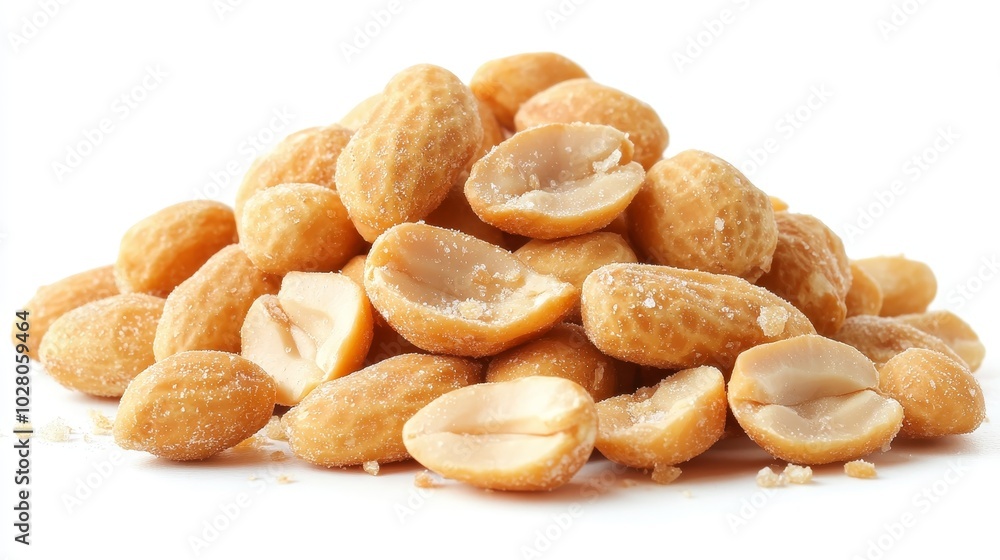 Roasted and salted peanuts in a casual pile, vibrant texture and crisp details on a white background, perfect for snack ads or food packaging Roasted and salted peanuts in a casual pile, vibrant texture and crisp details on a white background, perfect for snack ads or food packaging