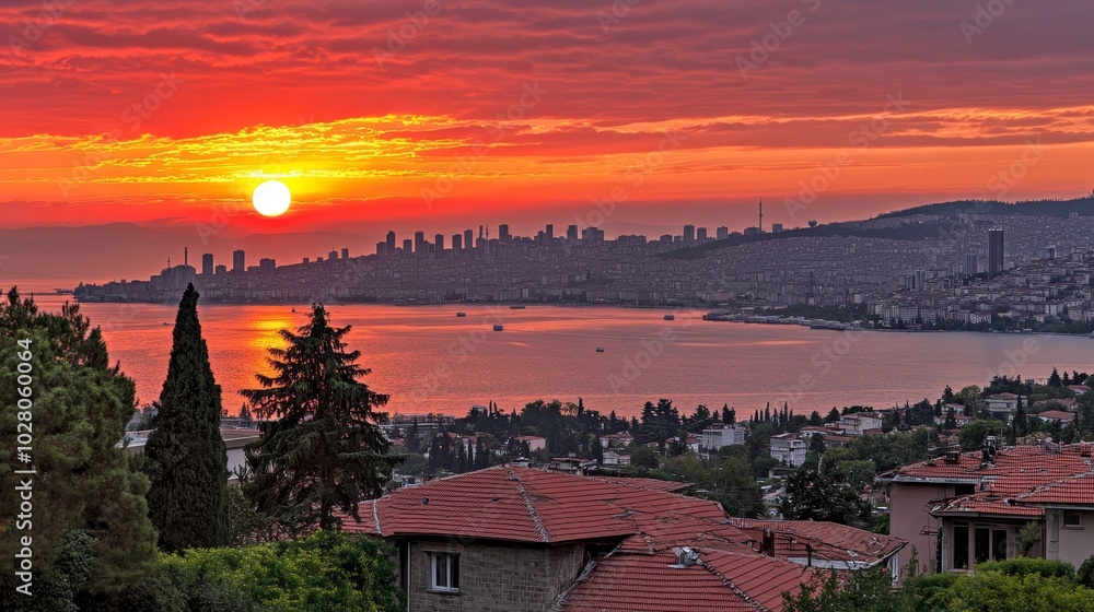 Fototapeta premium Breathtaking sunset over the Marmara Sea near Istanbul, Turkey, showcasing vibrant colors reflecting on calm waters, with a serene coastal landscape and golden twilight skies