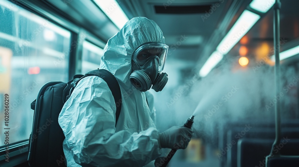 A person wearing a protective suit and mask disinfects the inside of a bus with a spray bottle. A person wearing a protective suit and mask disinfects the inside of a bus with a spray bottle.