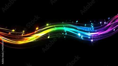 Vibrant Rainbow Wave with Musical Notes Creating a Joyful and Dynamic Composition, Perfect for Representing Music, Celebration, and Creativity, Evoking a Sense of Happiness and Colorful Energy