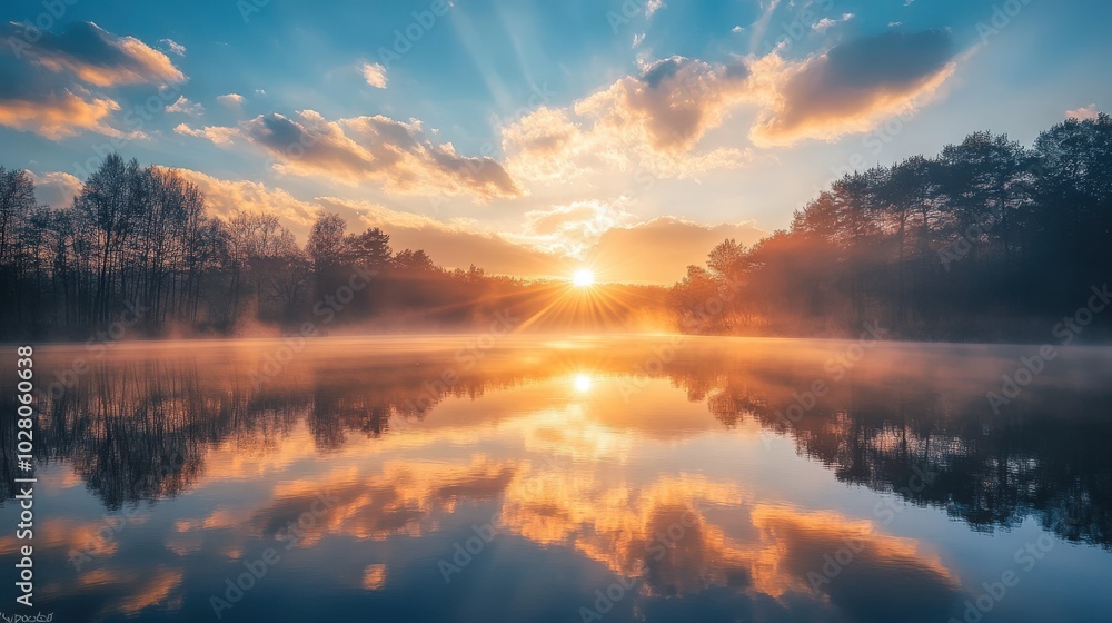 Stunning sunrise over a serene lake with a misty, colorful sky. Stunning sunrise over a serene lake with a misty, colorful sky.