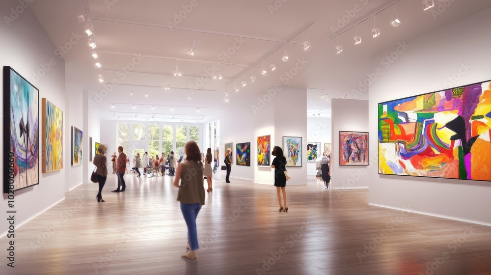 Visitors explore a vibrant and modern art gallery. Visitors explore a vibrant and modern art gallery.