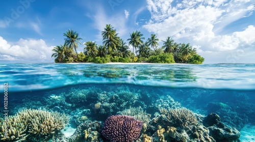 Tropical island paradise above vibrant coral reef waters.