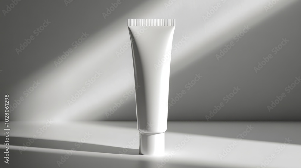 A white tube of cream sits on a white surface, with a single light source casting shadows, A white tube of cream sits on a white surface, with a single light source casting shadows,