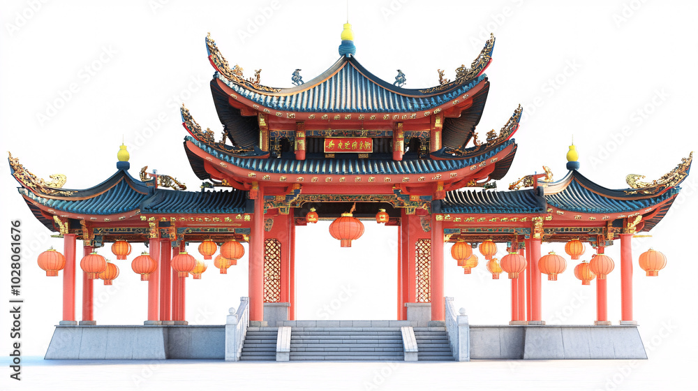 Obraz premium traditional chinese temple with red lanterns and golden accents isolated on white background