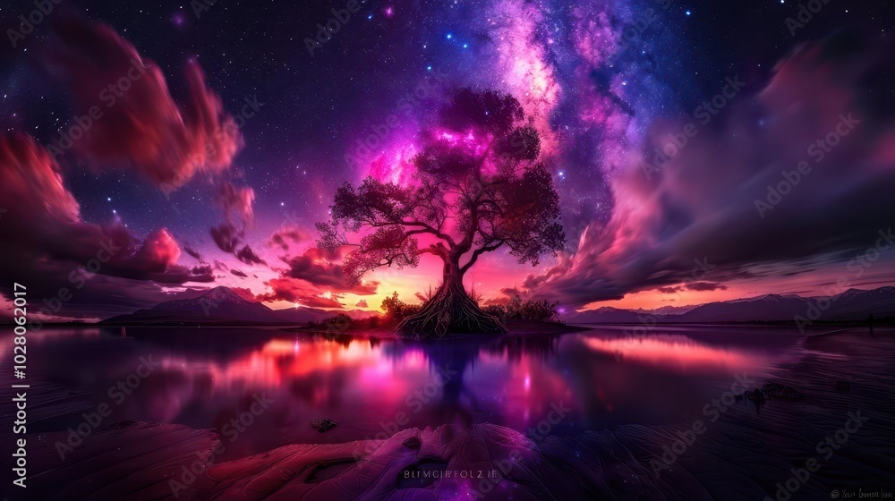 Fototapeta premium Night Sky, vibrant colors, starry sky, wide shot, serene