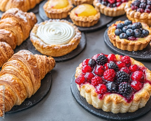 Wallpaper Mural Delicious assortment of pastries featuring croissants and berry tarts on elegant plates, perfect for any dessert lover. Torontodigital.ca