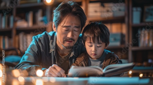 Father Helping Son with Homework in Cozy Setting