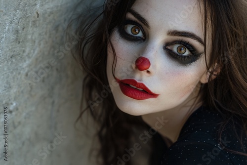 Close-up portrait of a woman with clown makeup looking up at the camera.