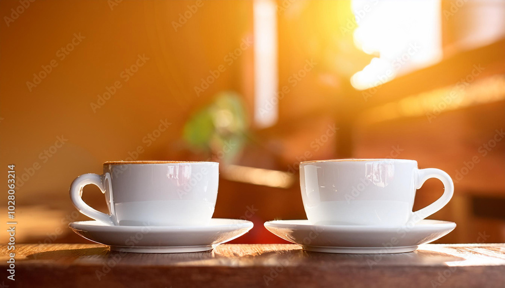 Close up view of two flat white speciality coffee shop placed on a wooden table in direct sunlight. Coffee barista industry. Close up view of two flat white speciality coffee shop placed on a wooden table in direct sunlight. Coffee barista industry.