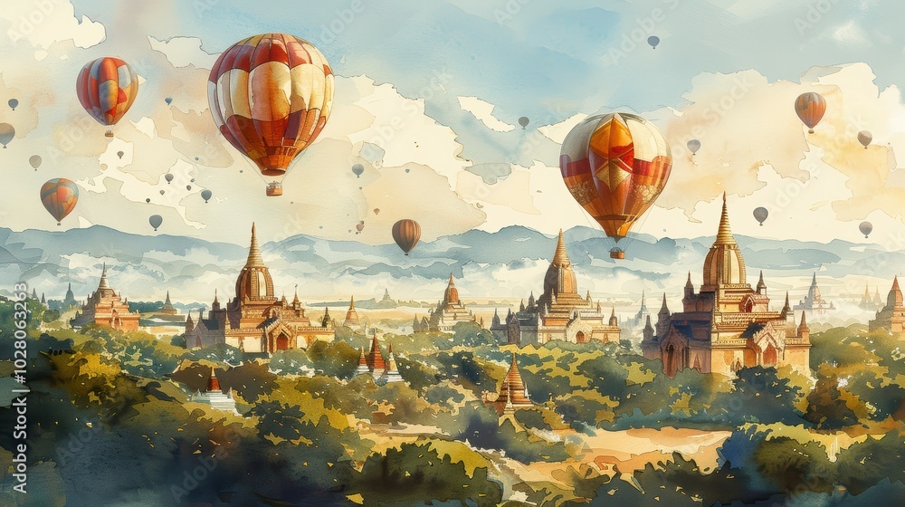 Fototapeta premium Enchanting Watercolor Illustration of Bagan Landscape