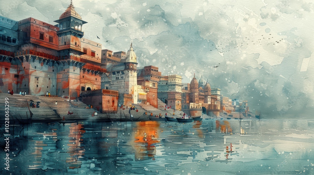 Fototapeta premium Spiritual Watercolor Illustration of Varanasi