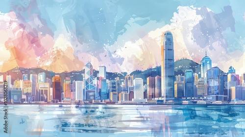 Vibrant Watercolor Illustration of Hong Kong Skyline