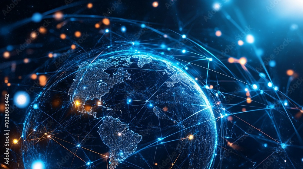A Digital Earth Connected by Glowing Lines and Nodes A Digital Earth Connected by Glowing Lines and Nodes