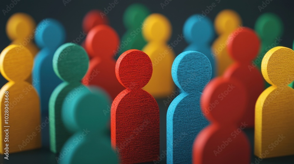 Colorful wooden figurines representing a diverse group of people, set against a dark background. Colorful wooden figurines representing a diverse group of people, set against a dark background.