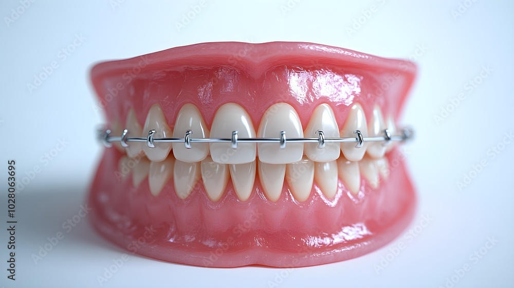 Obraz premium Teeth alignment progression, showing gradual movement with braces tightening and straightening the teeth, subtle changes, 3D Animation, White Background