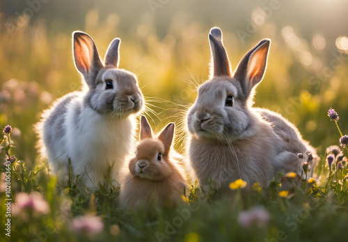 three rabbits in the field of the tree 