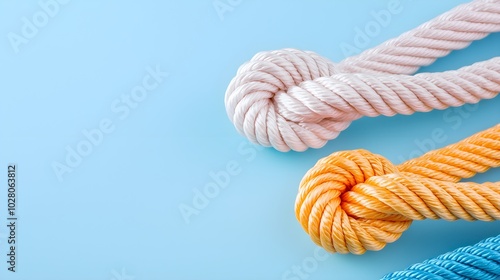 Bright ropes in various colors knotted together, isolated on a soft blue background, unity and diversity concept photo