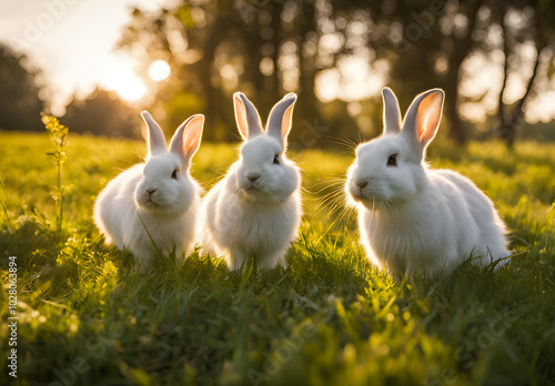 three rabbits in the field of the tree 