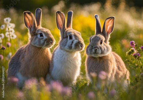 three rabbits in the field of the tree 