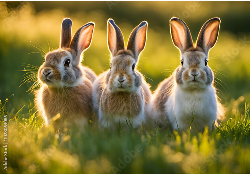 three rabbits in the field of the tree 