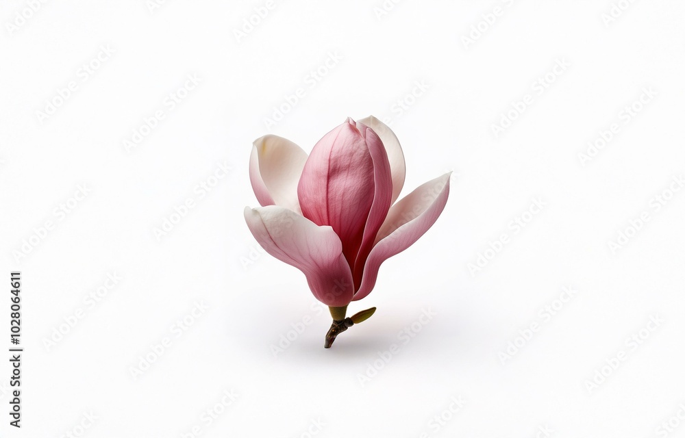 Fototapeta premium A single pink magnolia flower with white edges is isolated against a white background.
