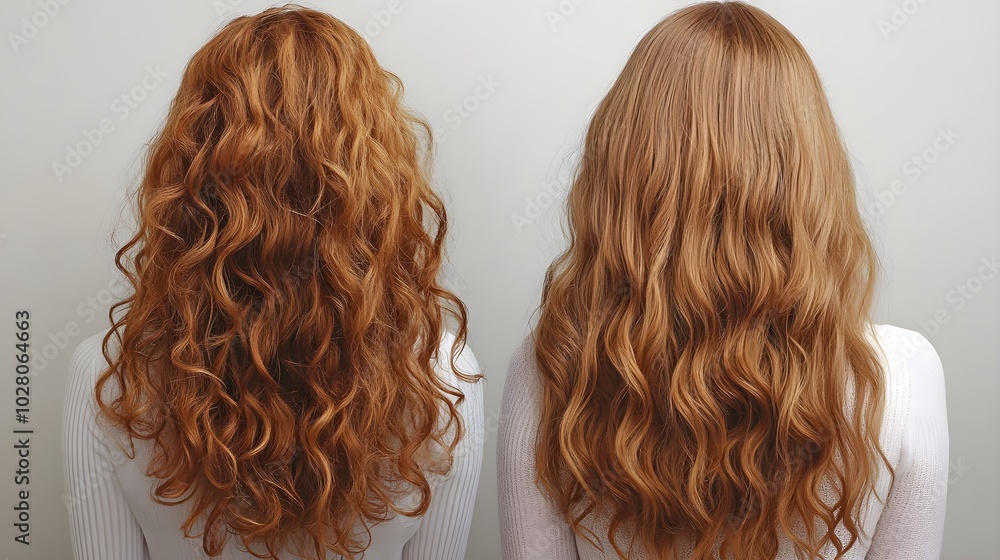 Fototapeta premium Side-by-side images of curly hair before and after honey treatment, showcasing the deep hydration effects on previously dry, frizzy curls