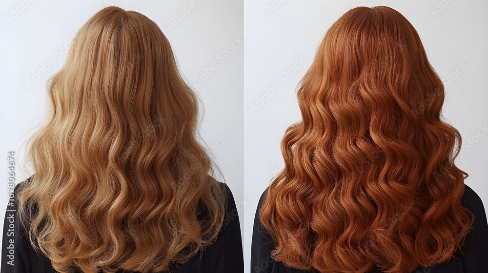 Fototapeta premium Detailed before-and-after image of curls, highlighting the transformation from frizzy to glossy and voluminous after honey-based conditioner, Natural Colors, Realistic