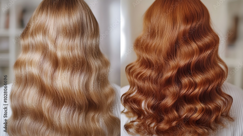 Fototapeta premium Before-and-after close-up of curly hair, showing the transition from dry and frizzy to soft, hydrated curls after a honey mask treatment, Photorealistic, Natural Lighting