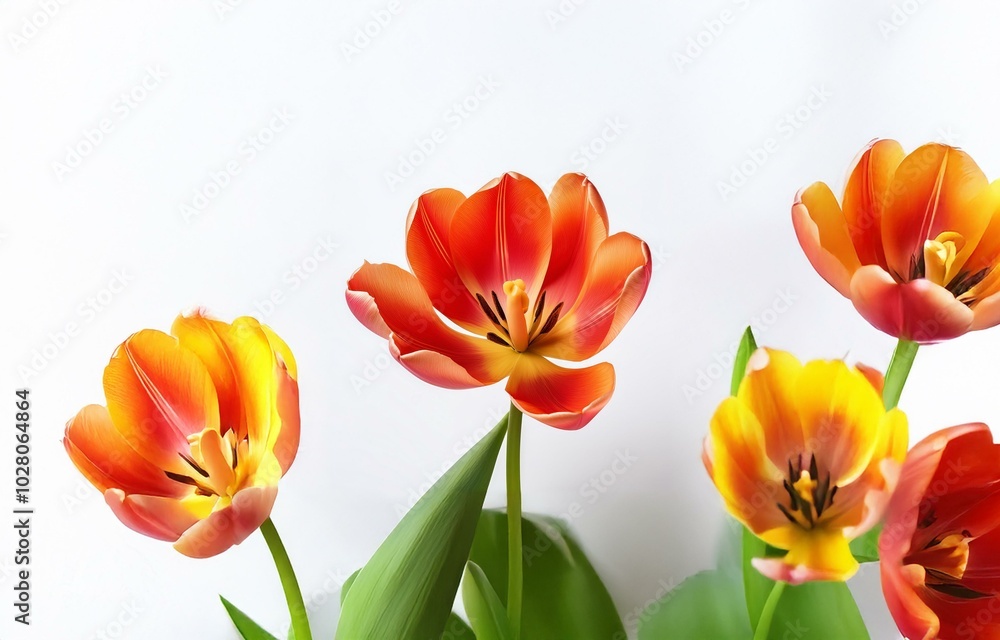 Four vibrant tulips, in shades of yellow and red, with green leaves, are arranged on a white background.