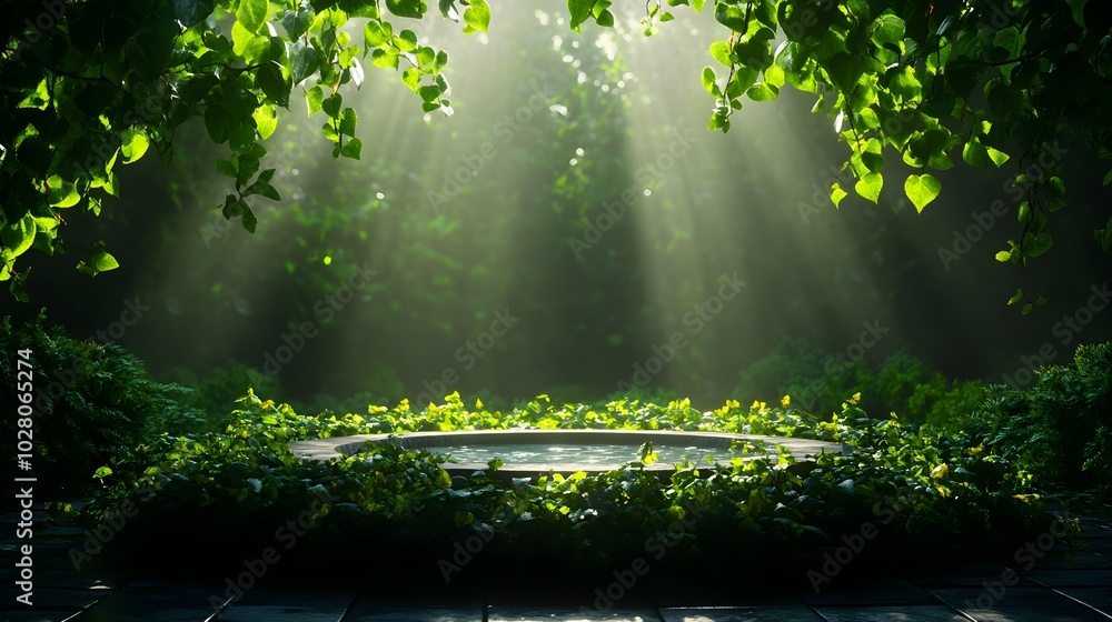 Fototapeta premium Ancient mythological maze made of stone and overgrown vines, mystical aura around the central marble fountain, foggy background, fantasy, dramatic lighting