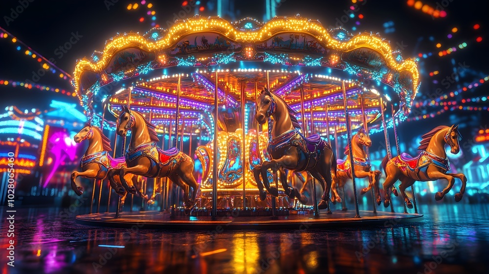 Fototapeta premium Carousel horses illuminated by holographic lights, futuristic theme park at night, AI and neon tech elements in the background, Hologram, Neon glow, 3D rendering
