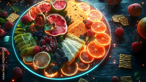 Wallpaper Mural Charcuterie board with geometric cheese cuts, abstract fruits, crackers arranged circularly, surrealism, neon highlights, dark background, glowing edges, futuristic touch Torontodigital.ca