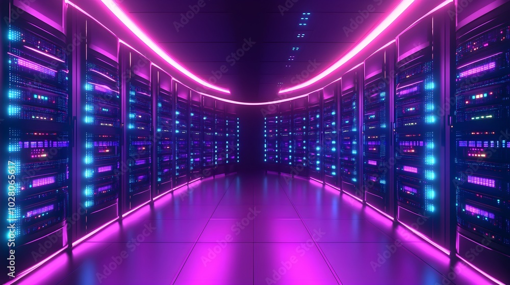 Fototapeta premium Circular high-tech server room with flowing digital data streams, neon accents, AI servers glowing, Futuristic, Sci-Fi, Purple and Blue, Illustration