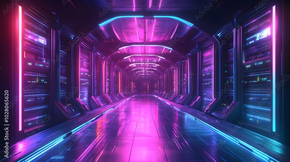 Fototapeta premium Circular high-tech server room with flowing digital data streams, neon accents, AI servers glowing, Futuristic, Sci-Fi, Purple and Blue, Illustration