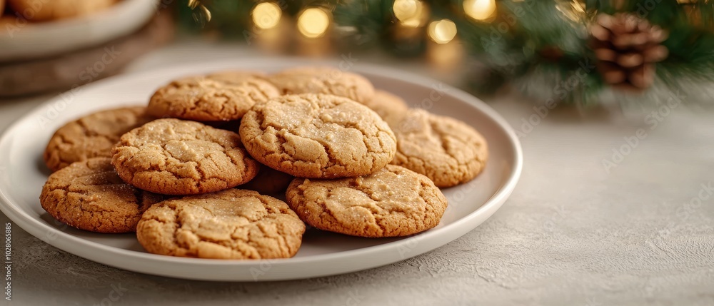 Plate of freshly baked cookies with a festive background. Plate of freshly baked cookies with a festive background.