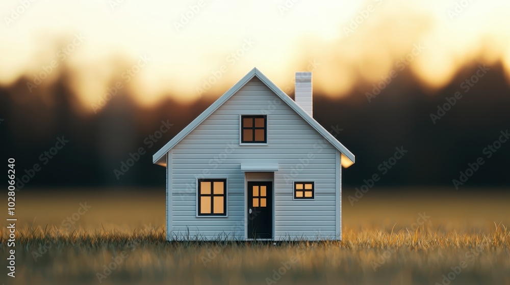 Small blue house model on grass during sunset, warm light glowing from windows. Small blue house model on grass during sunset, warm light glowing from windows.