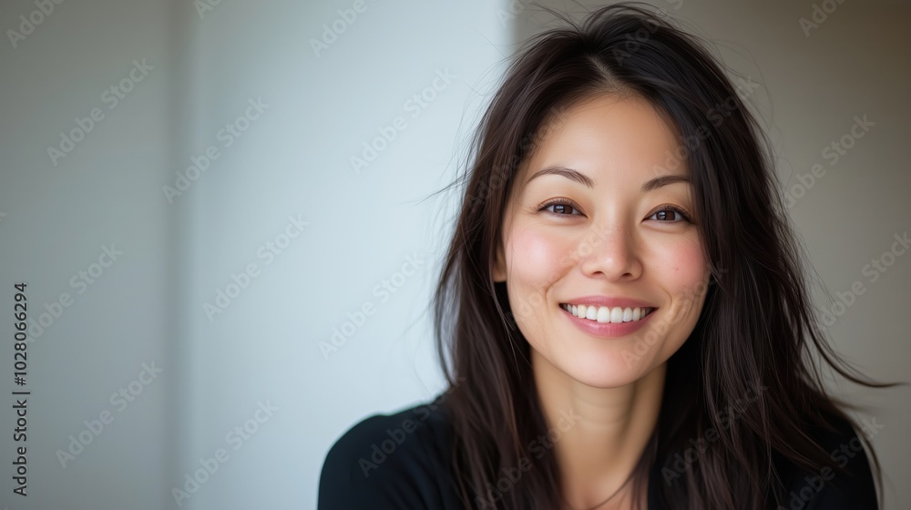 Cheerful portrait of a long-haired woman for lifestyle and beauty content Cheerful portrait of a long-haired woman for lifestyle and beauty content