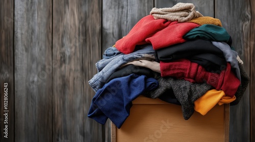 Charitable donation box filled with colorful clothing for spring donation campaigns