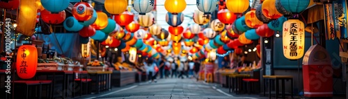 Wallpaper Mural Retro-inspired outdoor ShabuShabu setup at a 70s street festival, lanterns and colorful booths lining the street. Torontodigital.ca