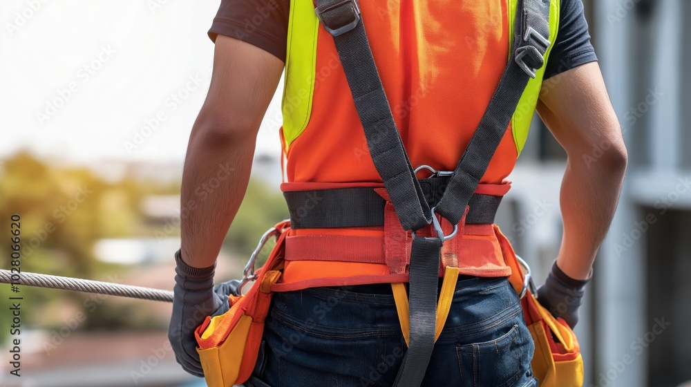 Construction safety: worker in harness on building site for spring projects Construction safety: worker in harness on building site for spring projects
