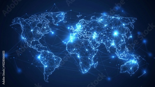 Global Network Connections, Illustrated with a Blue Wireframe World Map