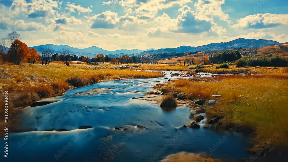 A river flows through a valley in the mountains on a bright, sunny day A river flows through a valley in the mountains on a bright, sunny day