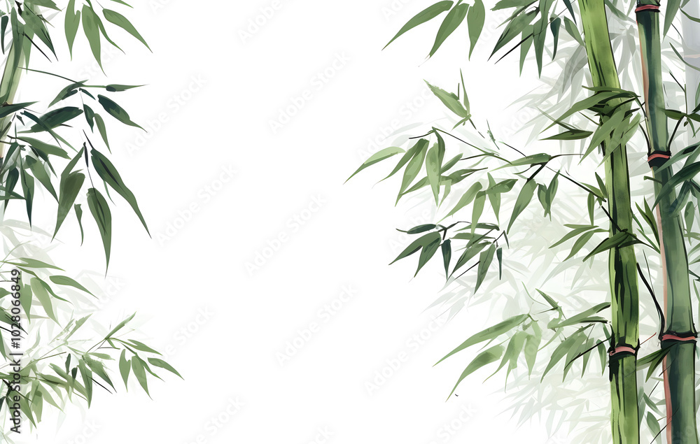 Fototapeta premium Bamboo leaves on white background with green natural elements